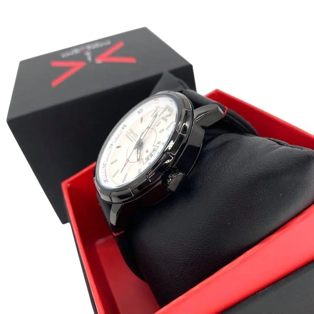Konxido Men’s 50mm Stainless Steel Quartz Watch Black Leather Band New